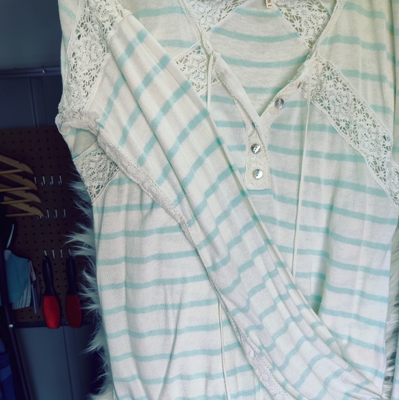 FREE PEOPLE "Vintage" blue and white stripe KNITTED& Laced long sleeve*M*Cinched - Picture 5 of 12